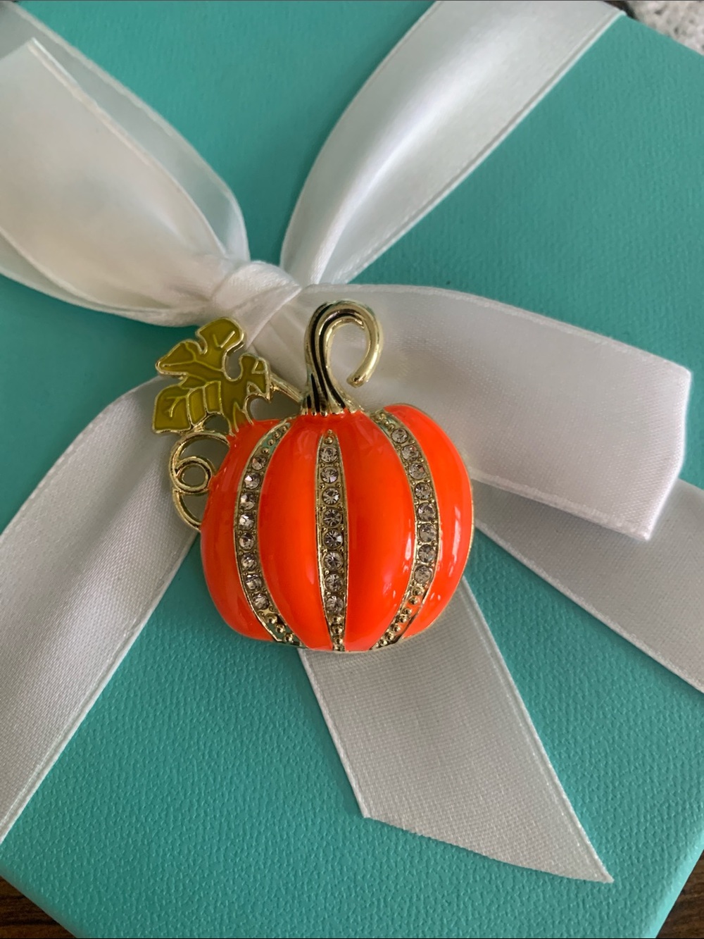 Enamel Pumpkin Brooch with Rhinestones - Orange